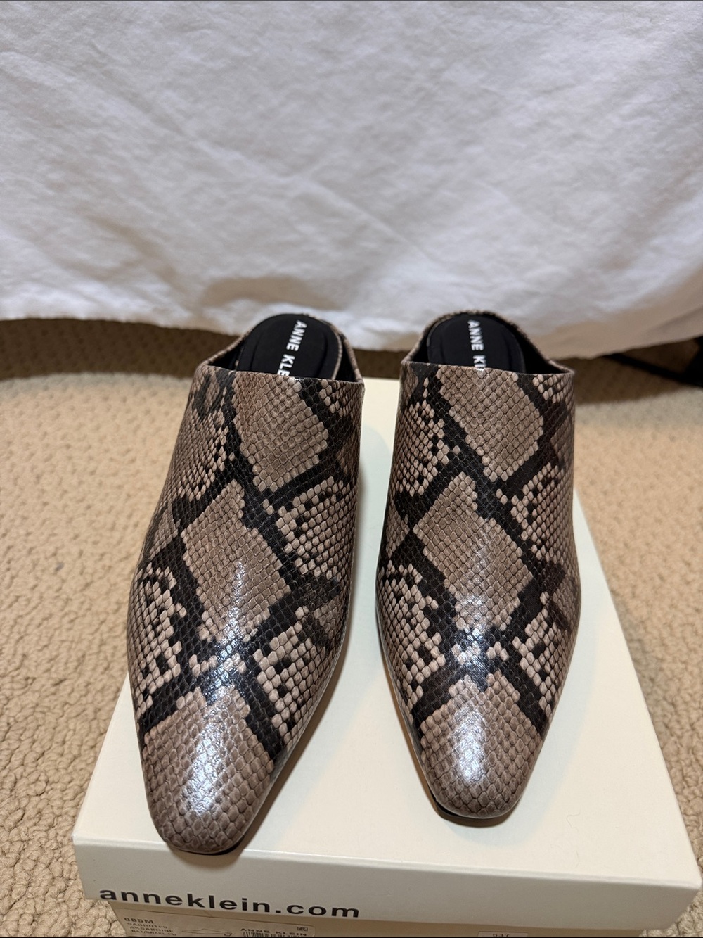 Anne Klein II W8.5 Sabrina Kitten Heel Taupe and Black Snakeskin Dress Mules